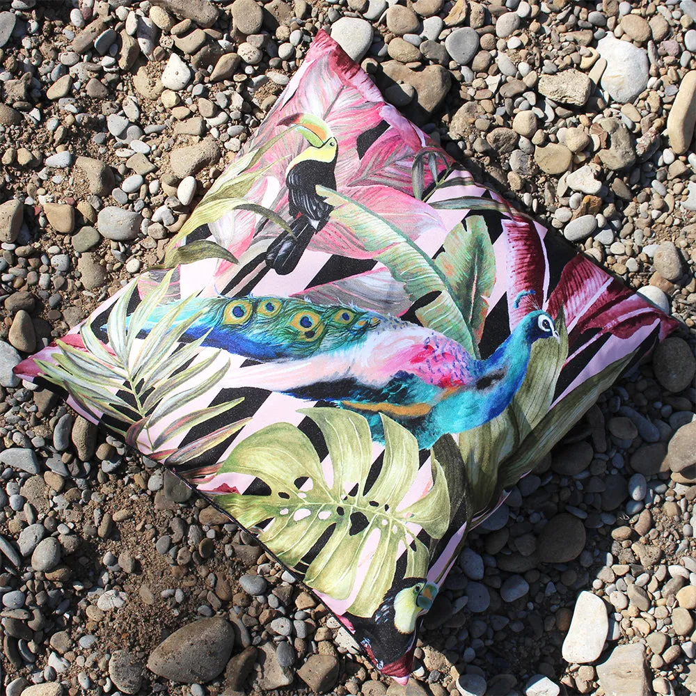 Toucan and Peacock Outdoor Cushion Green/Pink