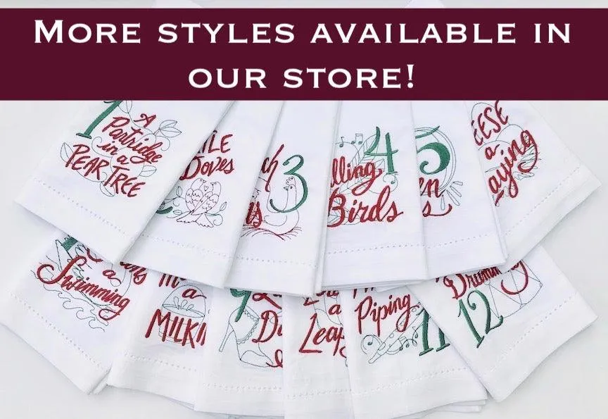 Twelve Days of Christmas Embroidered Cloth Napkins - Set of 12 napkins