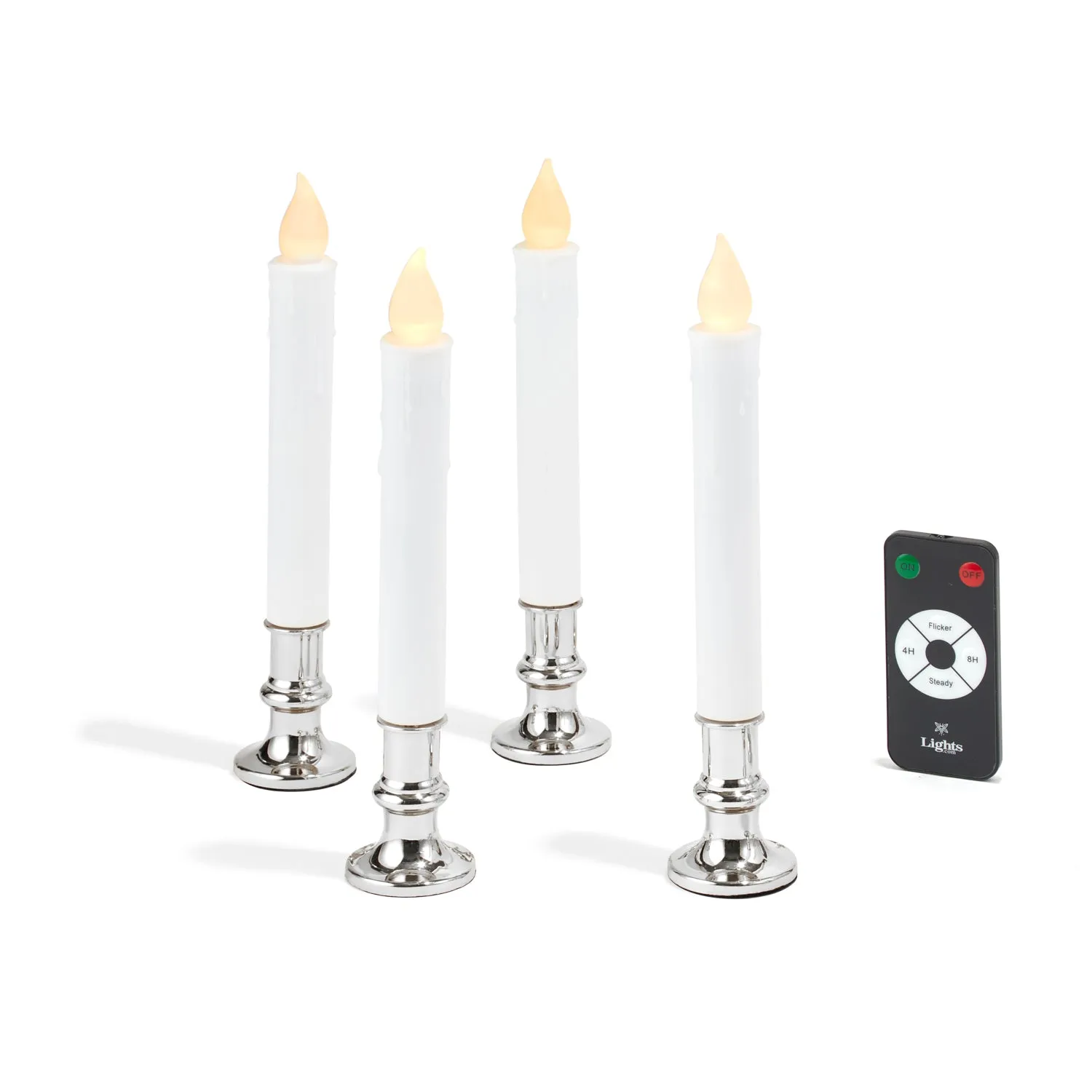White 7" Flameless Resin Taper Window Candles with Silver Bases, Set of 4