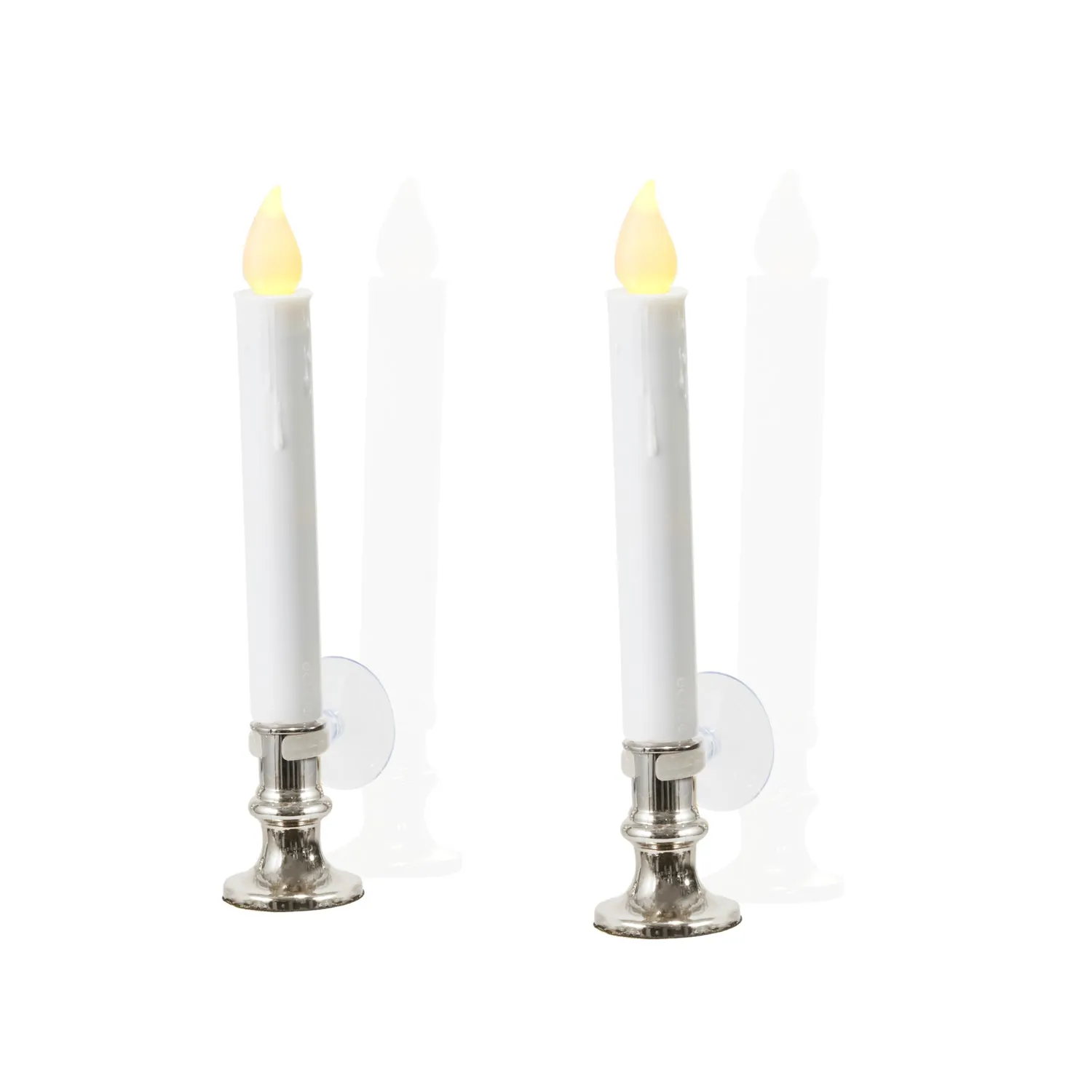 White 7" Flameless Resin Taper Window Candles with Silver Bases, Set of 4