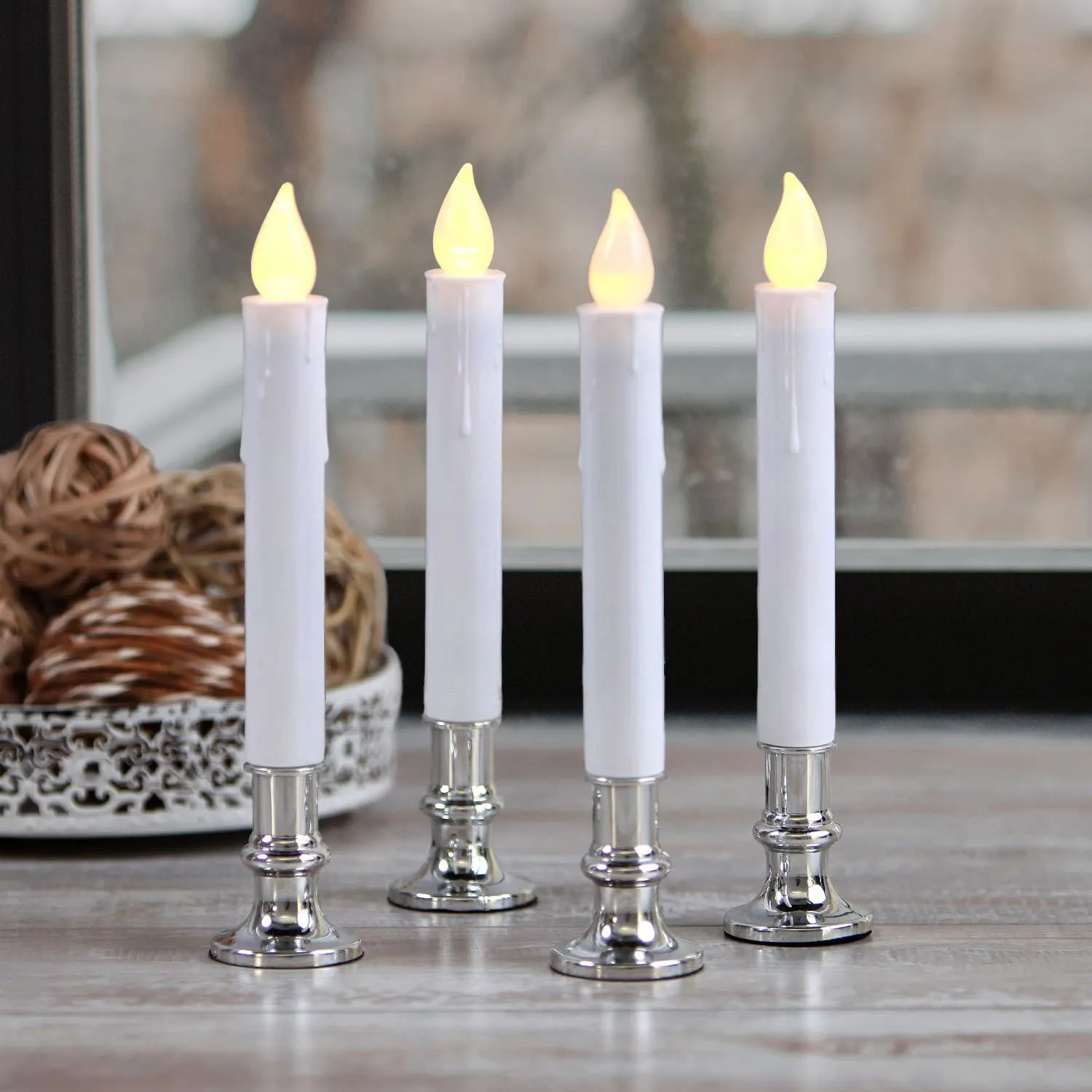 White 7" Flameless Resin Taper Window Candles with Silver Bases, Set of 4