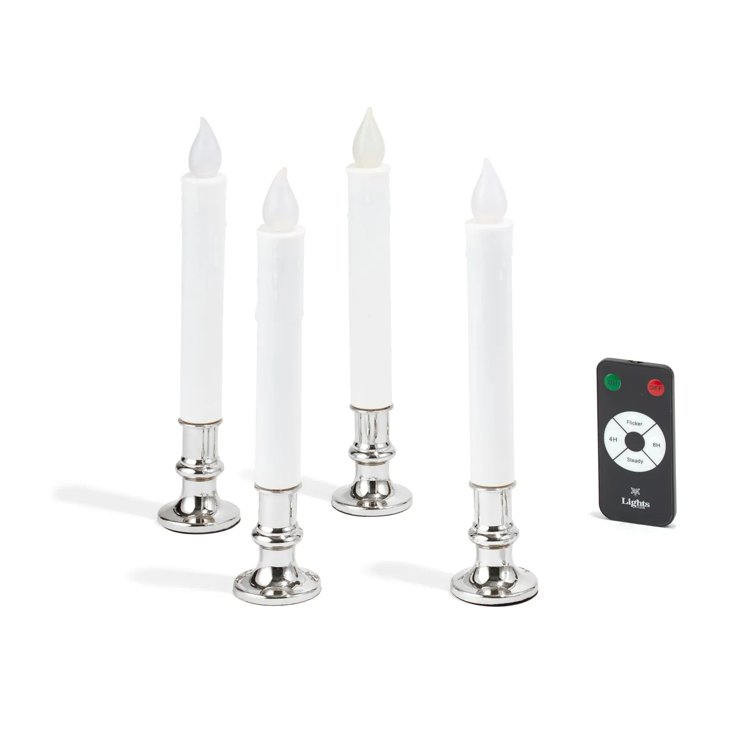 White 7" Flameless Resin Taper Window Candles with Silver Bases, Set of 4