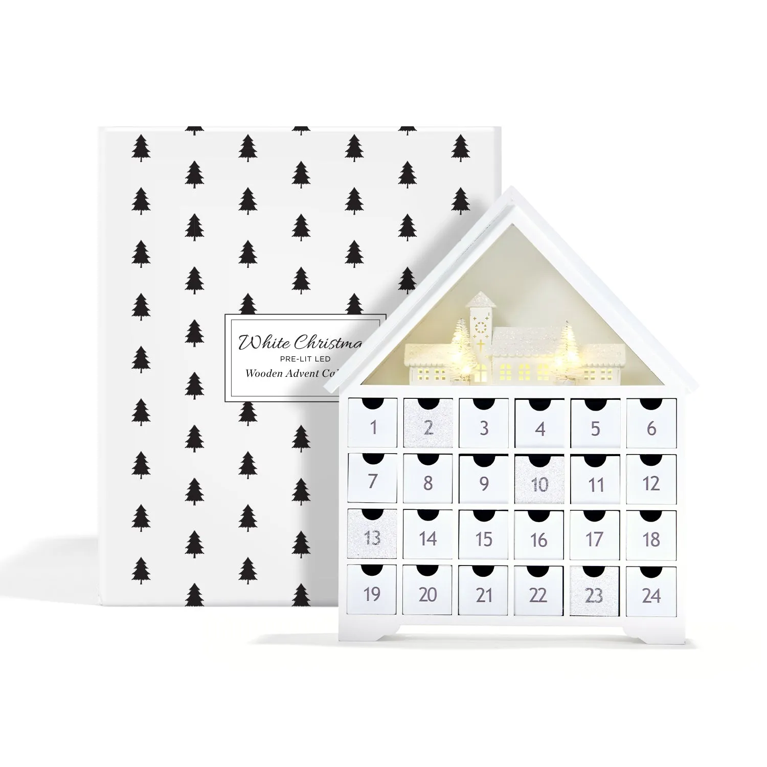 White Christmas Pre-Lit LED Advent Calendar with Drawers