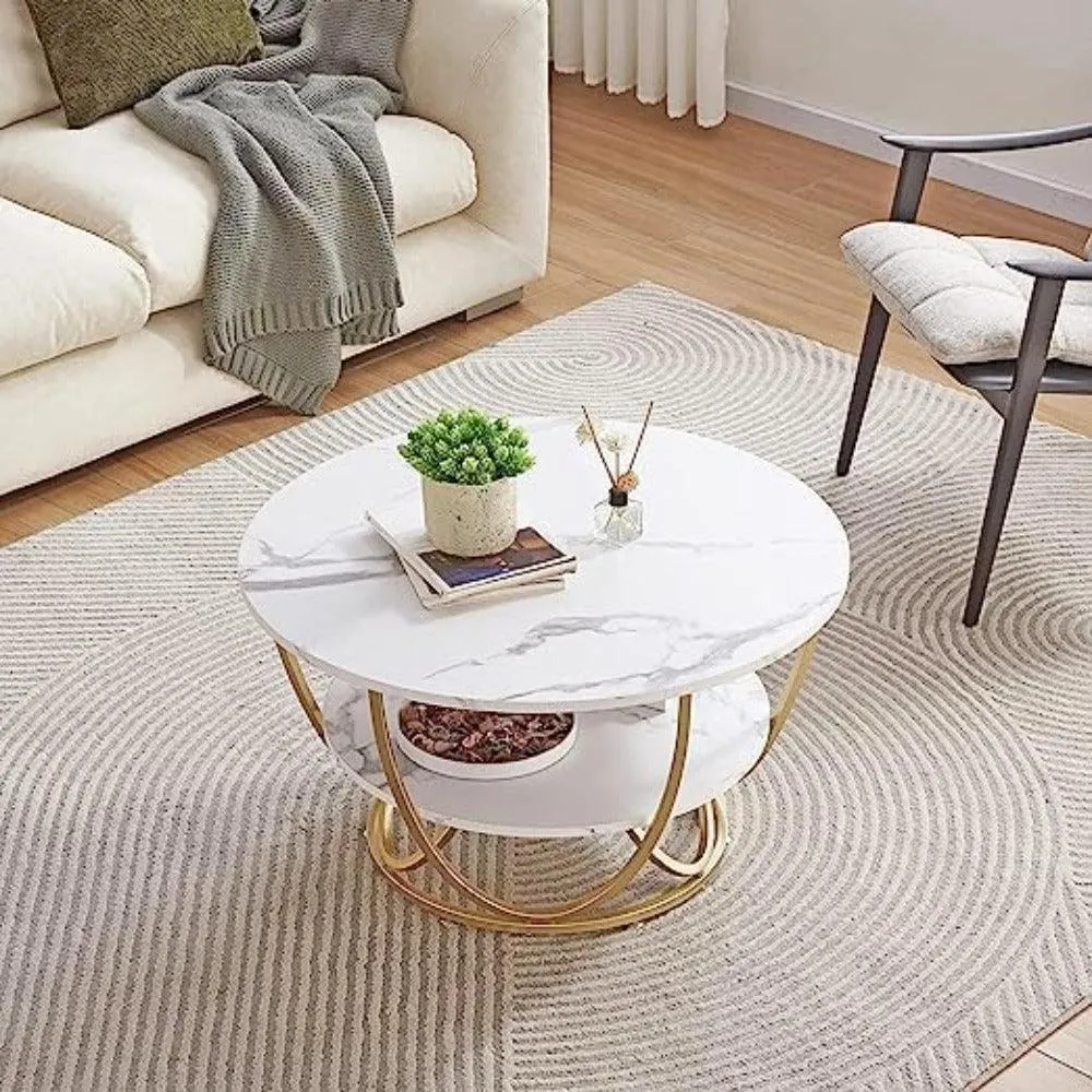 Wooden Twist Round Coffee Table with Marble Top Like Finish Stylish 2-Tier Design