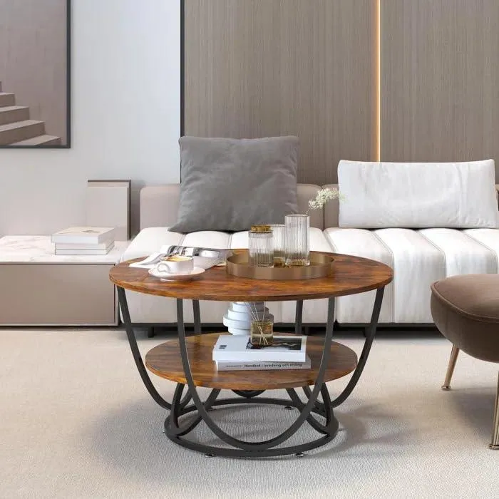Wooden Twist Round Coffee Table with Marble Top Like Finish Stylish 2-Tier Design