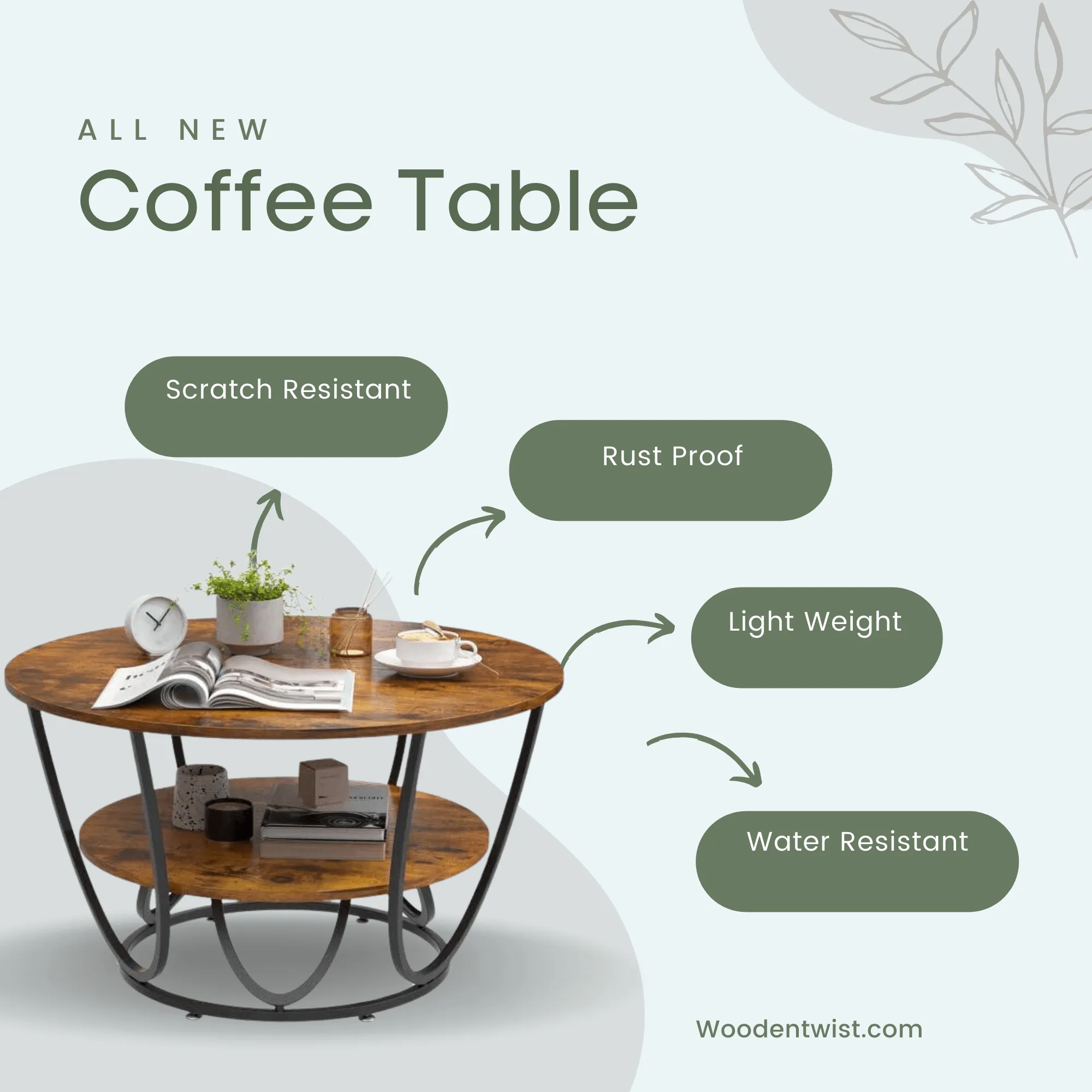 Wooden Twist Round Coffee Table with Marble Top Like Finish Stylish 2-Tier Design