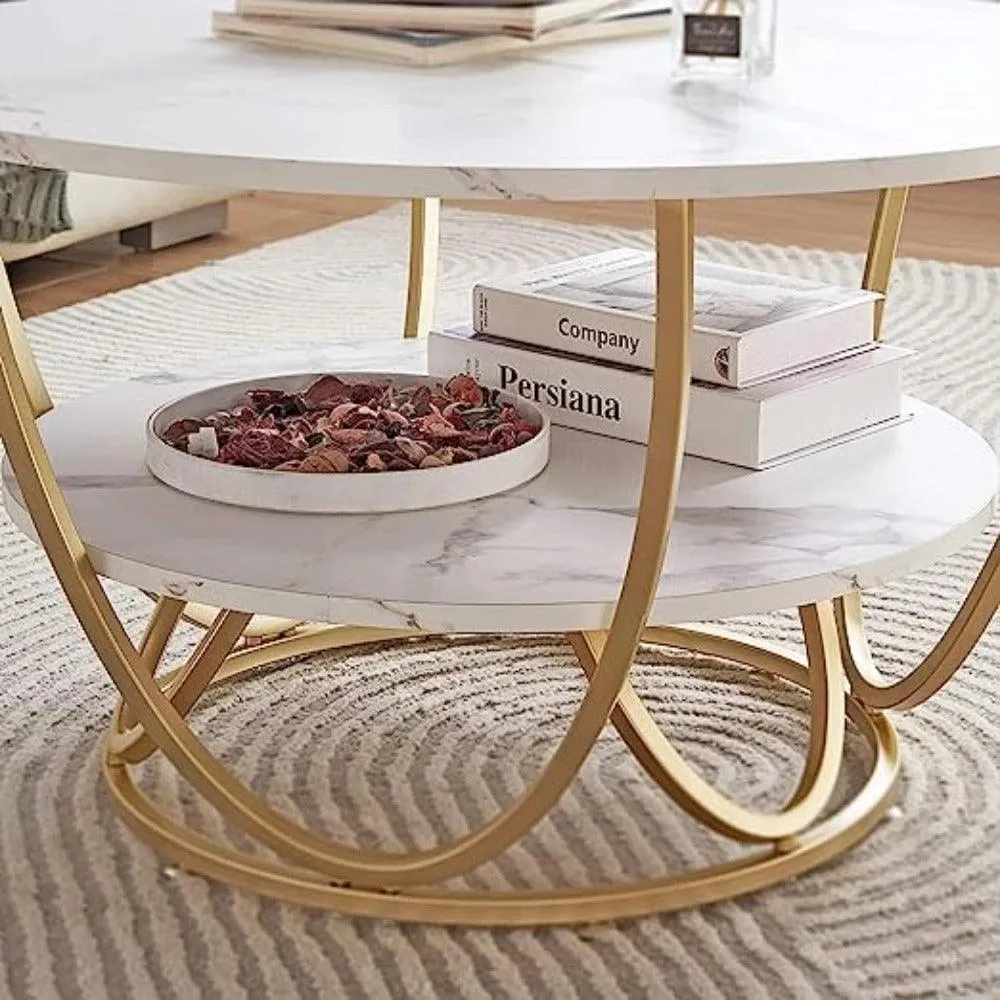 Wooden Twist Round Coffee Table with Marble Top Like Finish Stylish 2-Tier Design