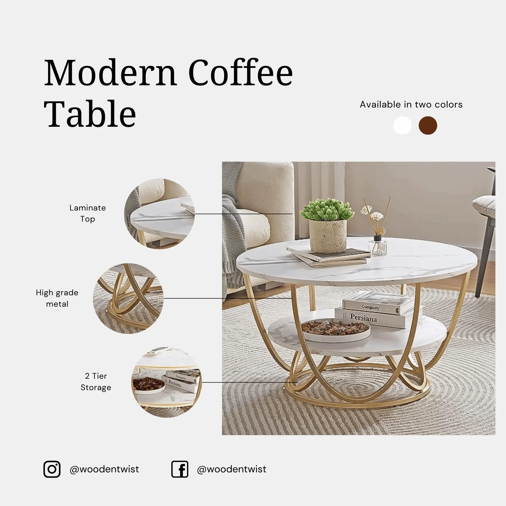 Wooden Twist Round Coffee Table with Marble Top Like Finish Stylish 2-Tier Design