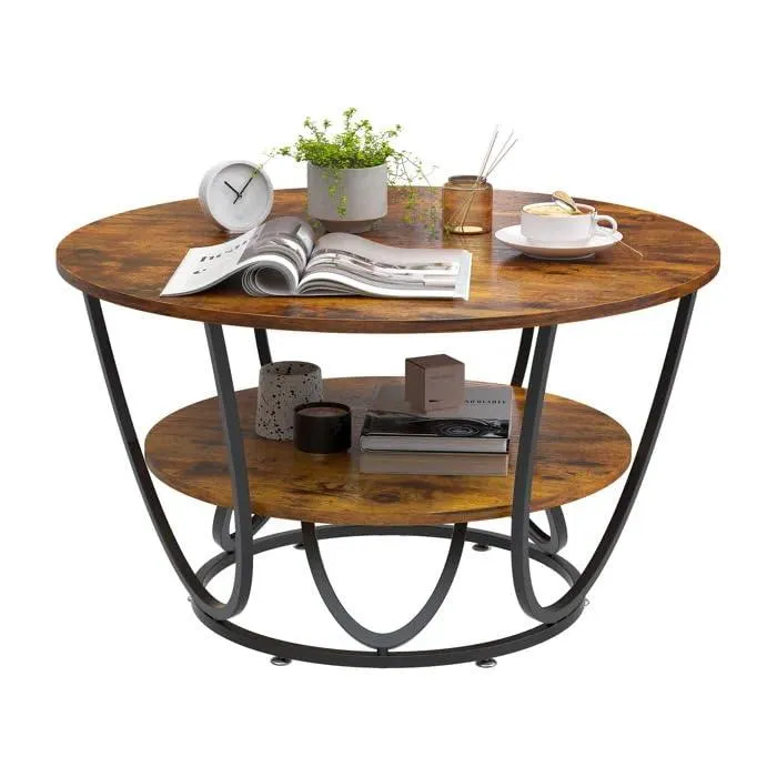 Wooden Twist Round Coffee Table with Marble Top Like Finish Stylish 2-Tier Design