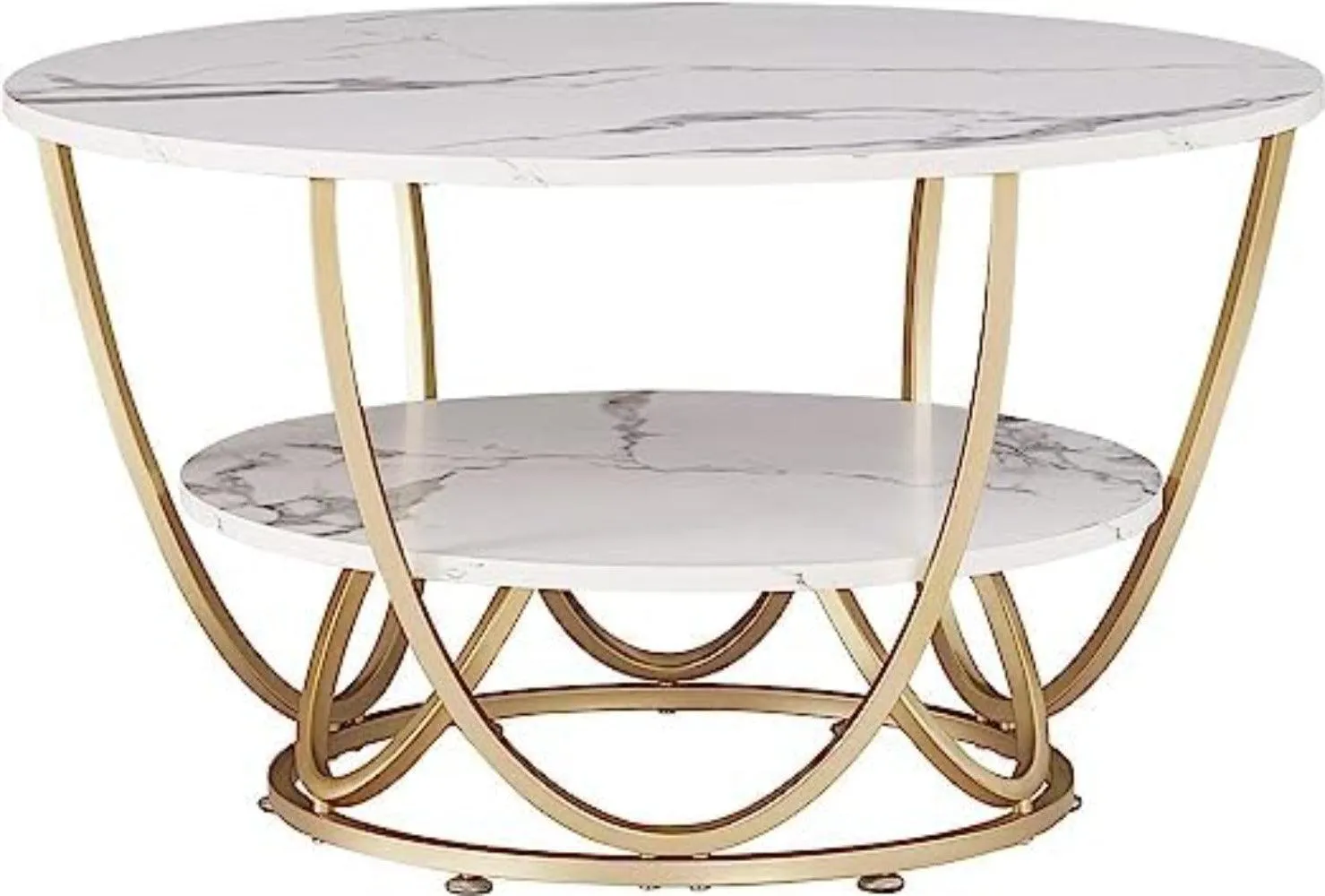 Wooden Twist Round Coffee Table with Marble Top Like Finish Stylish 2-Tier Design
