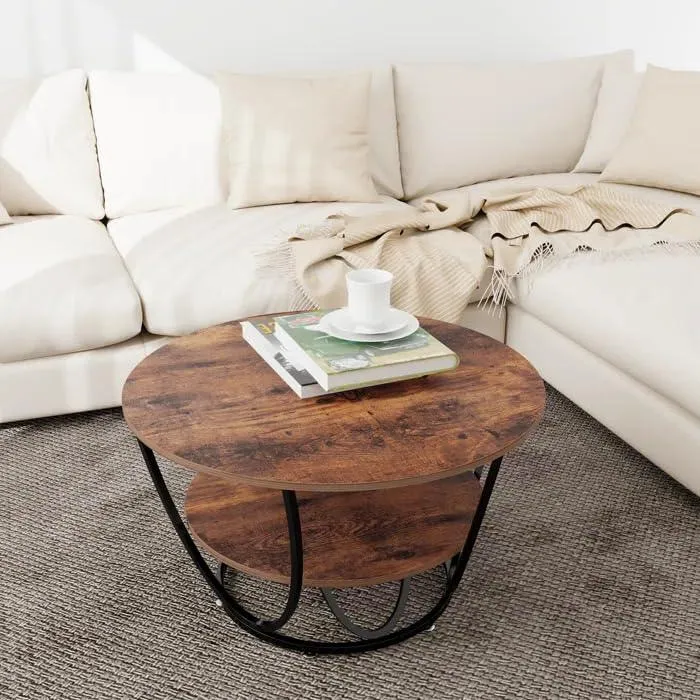 Wooden Twist Round Coffee Table with Marble Top Like Finish Stylish 2-Tier Design