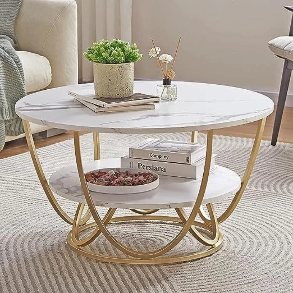 Wooden Twist Round Coffee Table with Marble Top Like Finish Stylish 2-Tier Design
