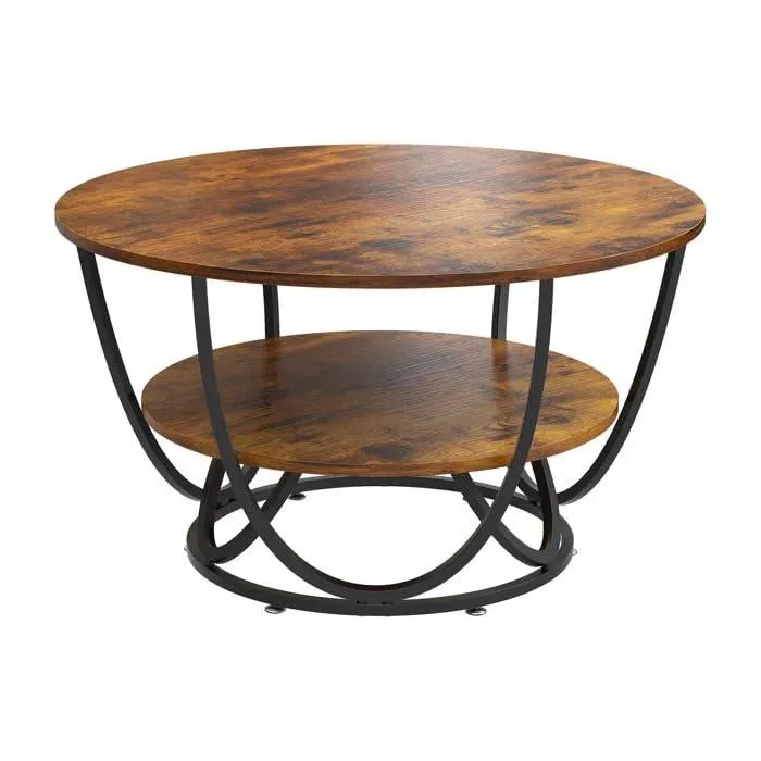Wooden Twist Round Coffee Table with Marble Top Like Finish Stylish 2-Tier Design
