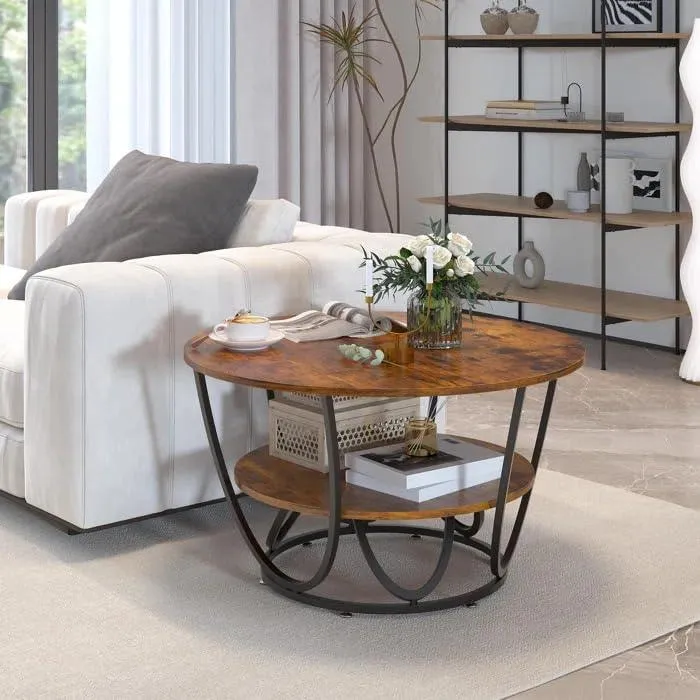 Wooden Twist Round Coffee Table with Marble Top Like Finish Stylish 2-Tier Design