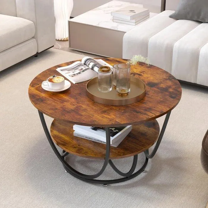 Wooden Twist Round Coffee Table with Marble Top Like Finish Stylish 2-Tier Design