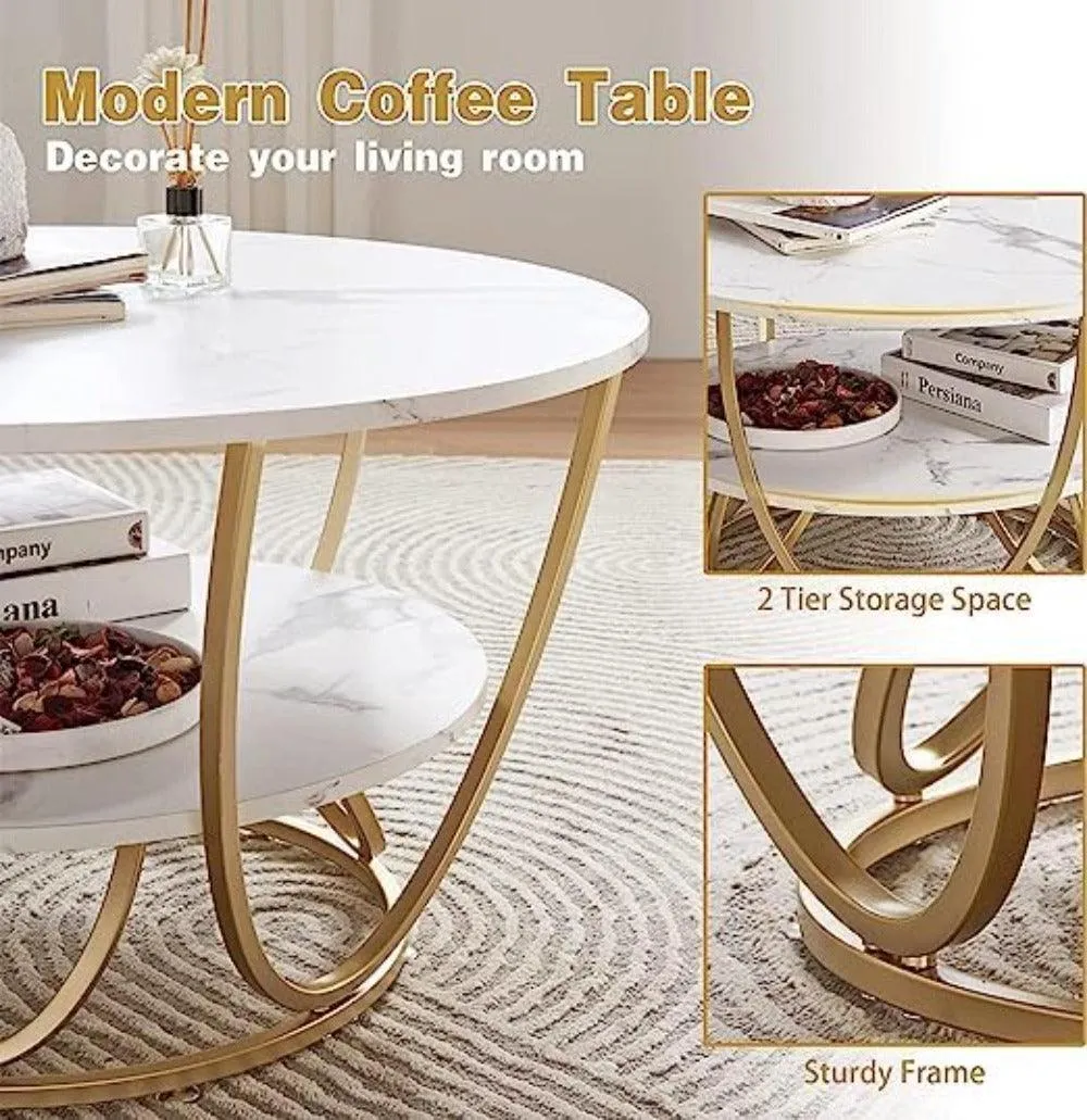 Wooden Twist Round Coffee Table with Marble Top Like Finish Stylish 2-Tier Design