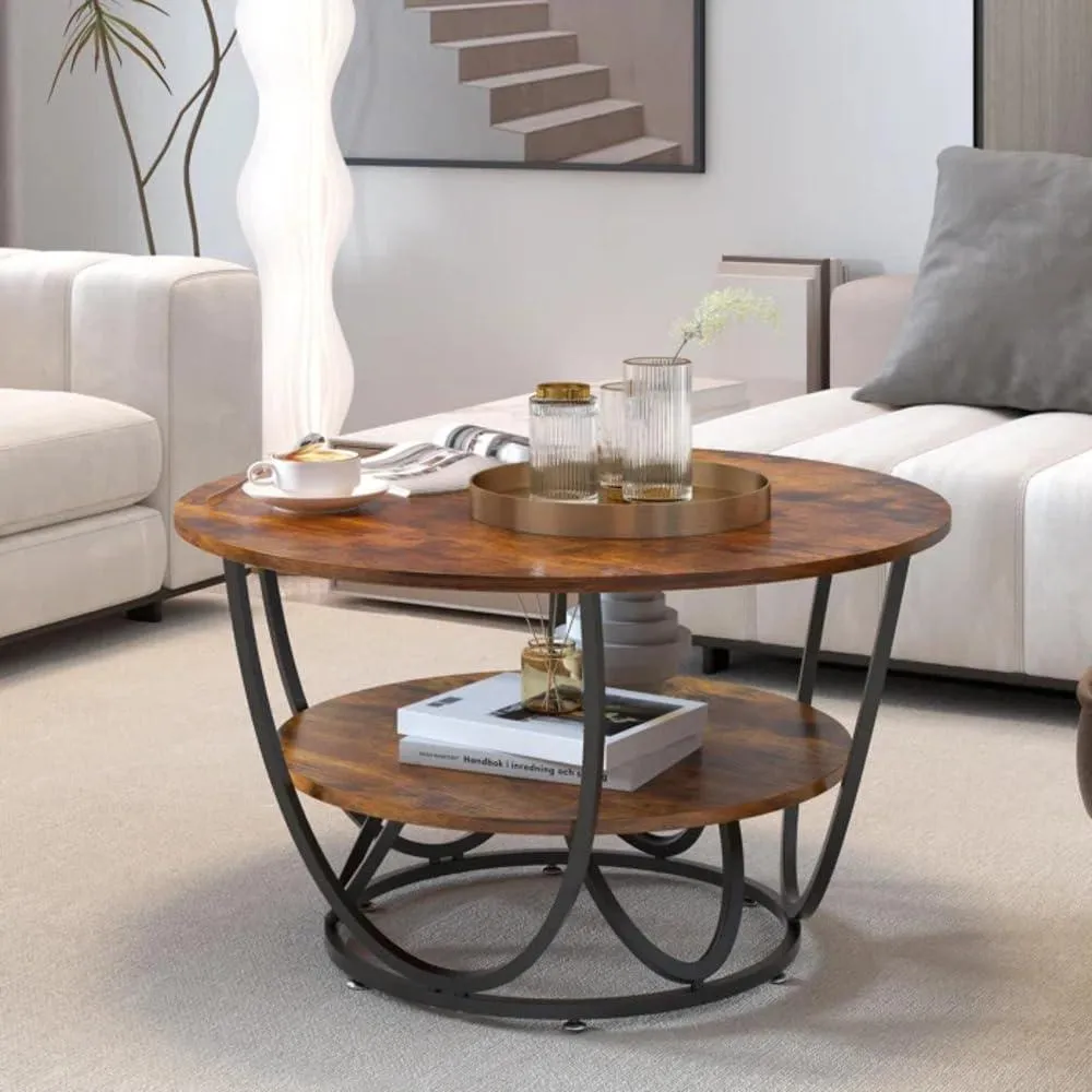 Wooden Twist Round Coffee Table with Marble Top Like Finish Stylish 2-Tier Design